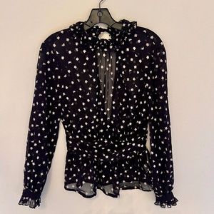 Zara semi-sheer long sleeve black top with white stitching